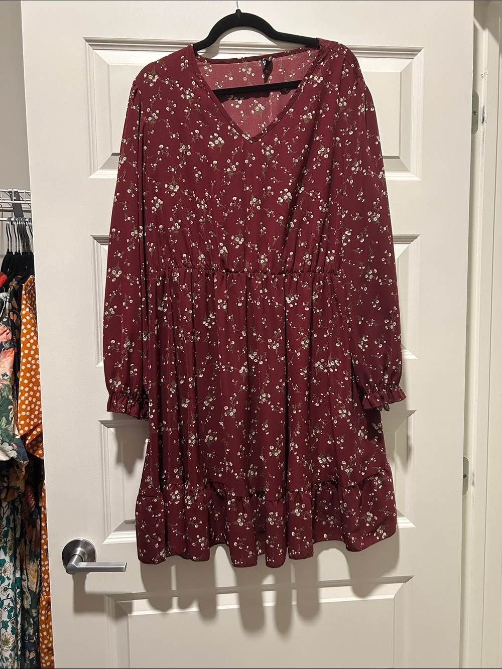 SHEIN Burgundy Floral Long Sleeve Tiered Dress